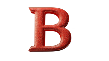 Red textured letter B on transparent background, bold serif alphabet character with subtle shadow and worn surface