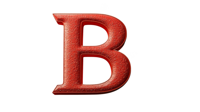 Red textured letter B on transparent background, bold serif alphabet character with subtle shadow and worn surface