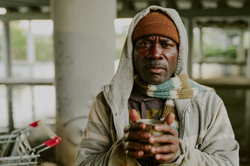 Portrait of middle aged Black man wearing hoodie and knit hat standing outdoors under bridge...