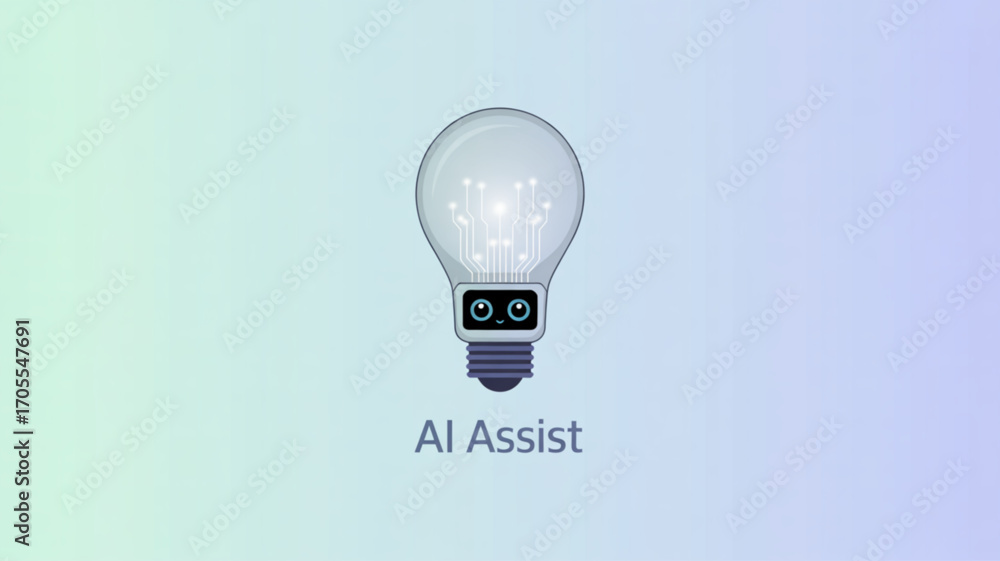 Poster ai assist lightbulb robot on gradient background, representing artificial intelligence assistance, i