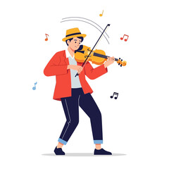 Obraz premium Animated Illustration of a Young Man Playing the Violin with Musical Notes