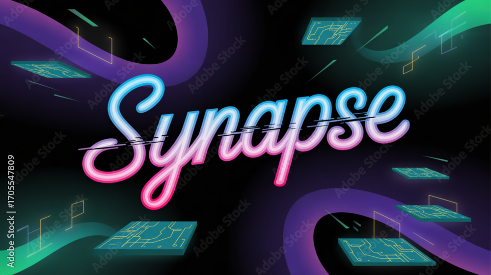 Aufkleber synapse text with neon glow and circuit board elements, creating a futuristic and technological feel