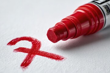 Close-up of a red marker on white paper. A large, bold, red "X" is drawn with the marker. The red marker tip rests slightly above the X