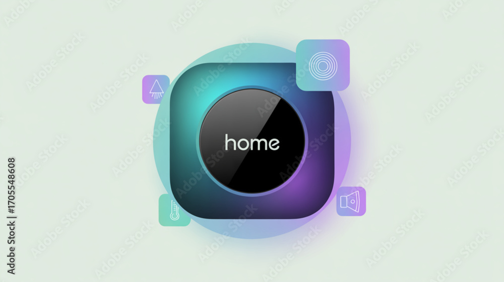 Poster a vibrant home button icon with a gradient background and floating app icons for modern user interfa