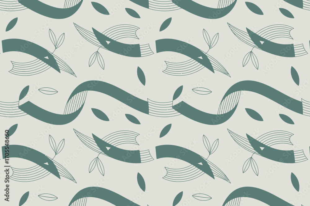 Poster abstract teal pattern featuring curved shapes leaves and lines on a light background repeat design