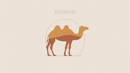 Nomad camel illustration in minimalist style on a light beige background, perfect for travel, adventure, and cultural themed designs