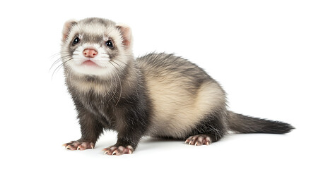 Fototapeta premium Cute Ferret Portrait on White Background, Playful Pet Weasel with Expressive Face, Domesticated Mustelid Looking at Camera