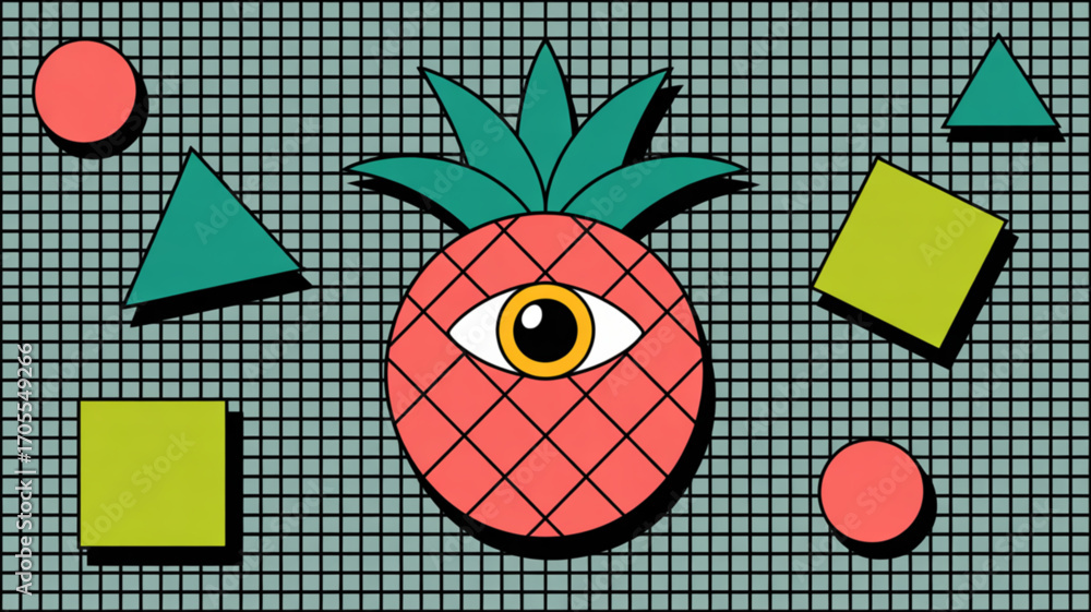 Aufkleber a vibrant and surreal illustration featuring a pineapple with an eye, surrounded by geometric shapes