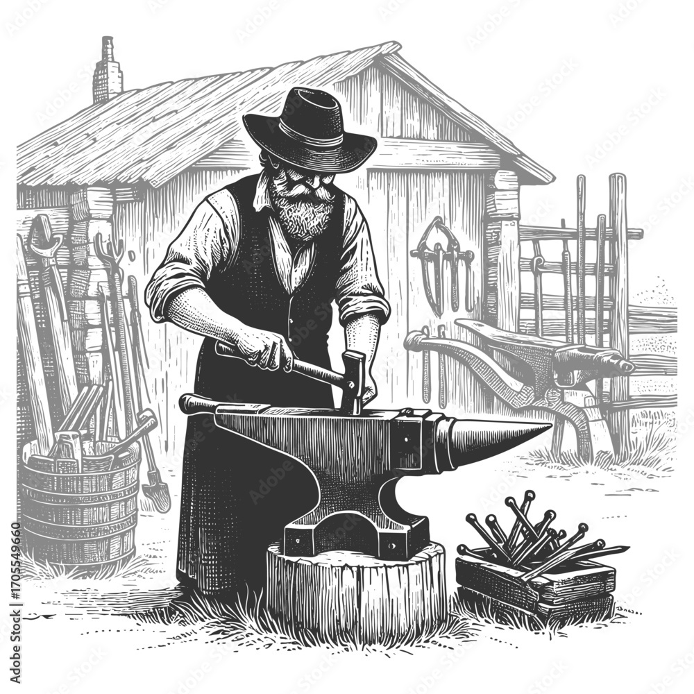 Poster blacksmith hammering metal on an anvil outside a workshop surrounded by tools and equipment sketch e