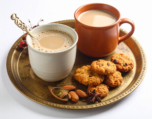 Chai with snack and tray on white background