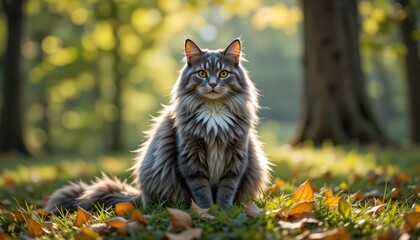 Fototapeta premium Majestic Maine Coon Cat in Autumn Sunlight