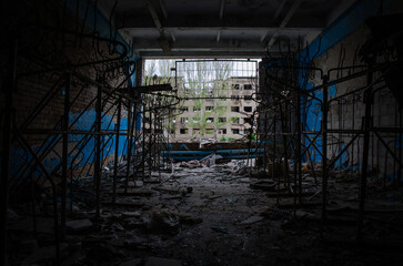 ruined street and destroyed houses the city Kiev war in Ukraine