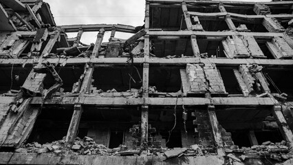 ruined street and destroyed houses the city Kiev war in Ukraine