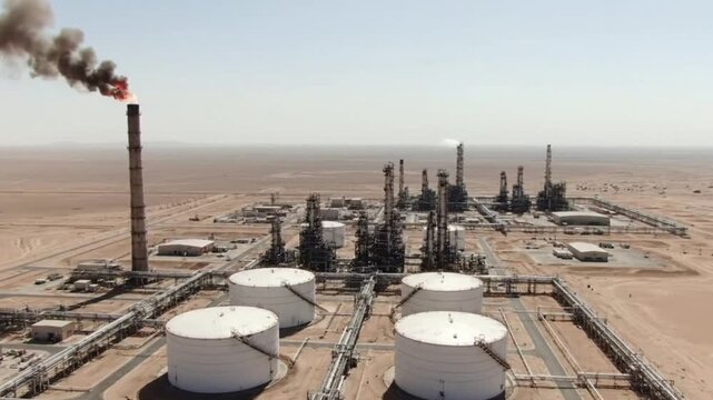 Aerial View of Oil Refinery in Arid Desert Landscape Energy Production, Technological Complexity and Economic Significance