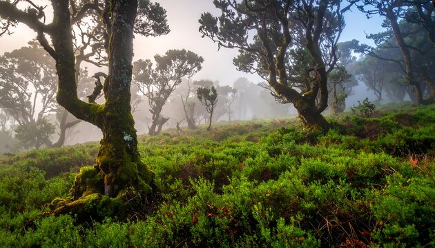 A misty forest scene with gnarled, moss-covered trees and vibrant green ground cover under a soft, diffused light