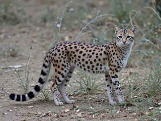 close up serval leptailurus serval wild african cat spotted tawny coat black stripes long legs large ears short tail grassland savanna predator wildlife nature mammal feline
