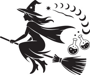 Halloween Witch with Wand, Potions & Crescent Moons Playful Silhouette Vector