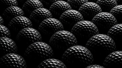 monochromatic, high-contrast photograph featuring a pattern of golf balls. tightly packed arrangement, with the golf balls filling the entire frame, creating a sense of depth and repetition.