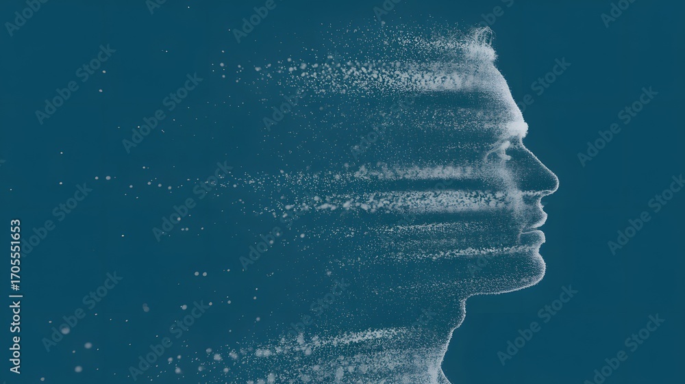 Poster stunning abstract portrait of a person's profile dissolving into particles, symbolizing transformati