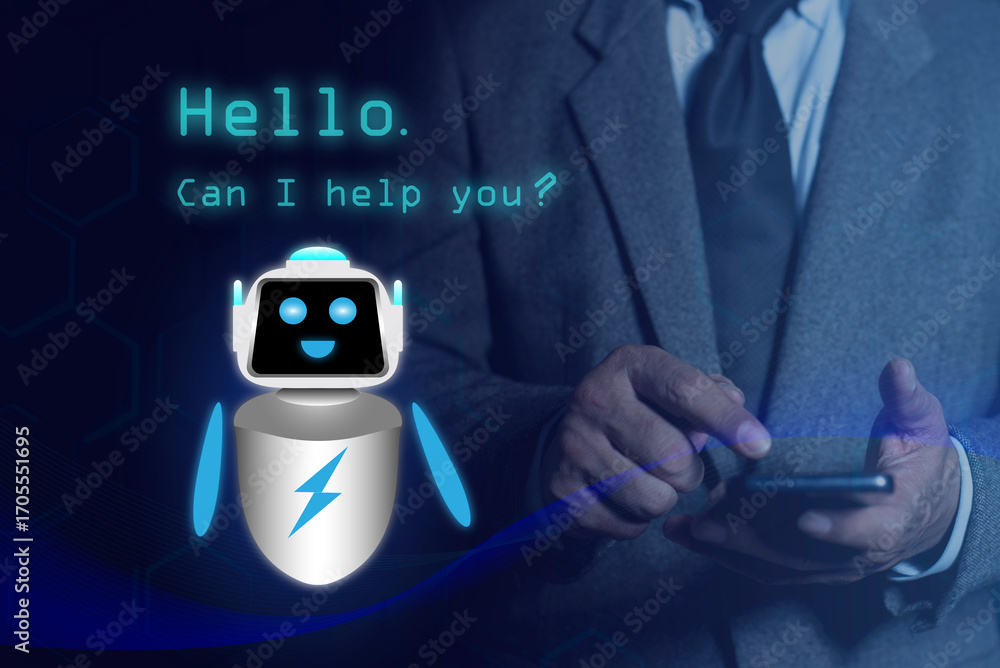 Poster robot says hello. ai chat bot . artificial intelligence smart robot technology. man using mobile sma