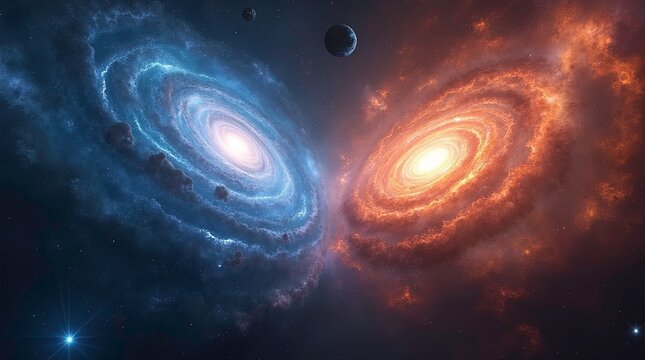 3d image of glowing two Interacting Spiral Galaxies in Deep Space ai generative - Powered by Adobe