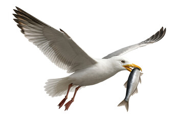 Obraz premium Seagull with a fish in its beak on a transparent background. Nature. Birds. Sea.