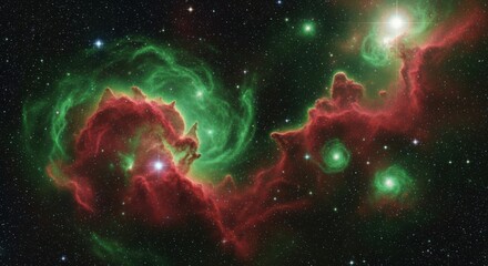 A vibrant red and green nebula glows with distant stars in deep space