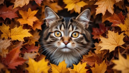 Autumnal Cat: A Maine Coon's Gaze Amidst Fall Leaves