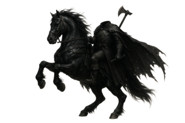 Headless horseman on a black horse with an axe on a transparent background. Mysticism. Halloween. Legends.