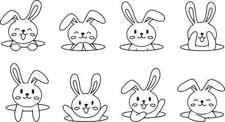 Bunny Rabbit Vector Set – Cute, Animal, Pet, Cartoon, Easter, Wildlife, Character, Adorable, Ears, Baby, Fun, Outline, Symbol, Nature, Sketch, Playful, Funny, Illustration