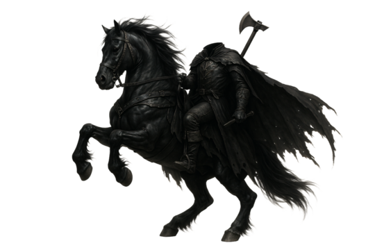 Headless horseman on a black horse with an axe on a transparent background. Mysticism. Halloween. Legends.