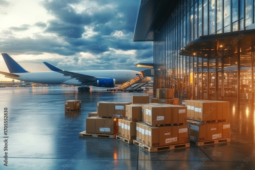 Aufkleber cargo plane unloading boxes at airport terminal for efficient logistics and delivery operations
