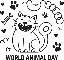 playful stroke-only cat paw prints fish bones vector