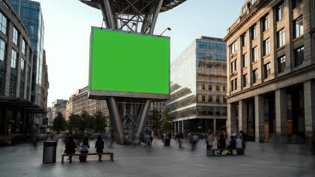 Green Screen Billboard in Bustling City Square with Blurred Pedestrians and Modern Architecture