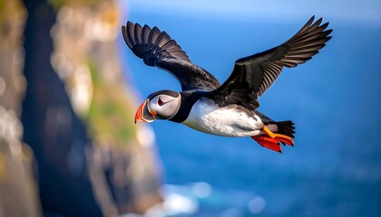 Puffin in flight over coastal cliffs
