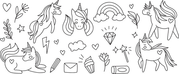 Unicorn Rainbow Vector Set – Magical, Cute, Fantasy, Clouds, Stars, Diamond, Heart, Symbol, Cartoon, Fairytale, Mythical, Child, Magic, Illustration, Animal, Dream, Imagination, Decorative
