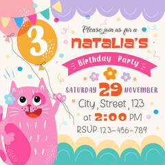 birth day party  invitation square card with cute pink cat with balloons and confetti, template, celebration , creative vector illustration