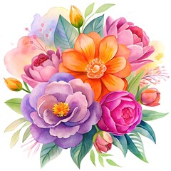 Fototapeta premium A vibrant watercolor bouquet of colorful spring flowers. Cheerful floral arrangement for celebration cards. An artistic painting of peonies and roses in pink, purple, and orange.