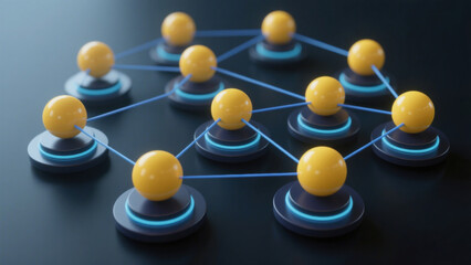 Geometric network with yellow spheres at hexagonal nodes connected by blue lines - showcasing orderly connectivity and stark color contrast on dark background.