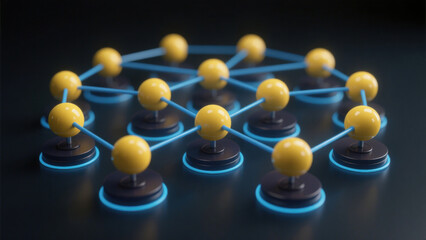 Geometric network with yellow spheres at hexagonal nodes connected by blue lines - showcasing orderly connectivity and stark color contrast on dark background.