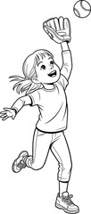 Excited girl catching baseball with glove, black and white sports activity illustration, active kids outdoor game scene for coloring book, learning, or design