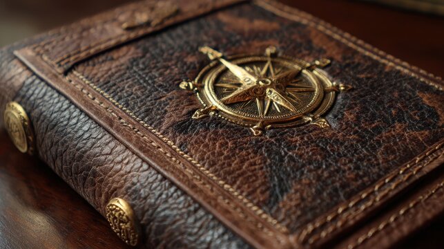 Vintage Leather Journal with Ornate Brass Compass Emblem and Detailed Stitching