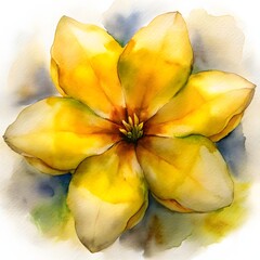 Fototapeta premium A single beautiful yellow magnolia flower. Tropical or spring floral design concept. A vibrant watercolor painting with a soft, artistic splash background.