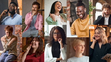 Collage of diverse people with mixed emotions laughing, smiling, sad and serious in portrait style. Concept of lifestyle campaigns, publishing, creative flyers, HR training, social media branding.