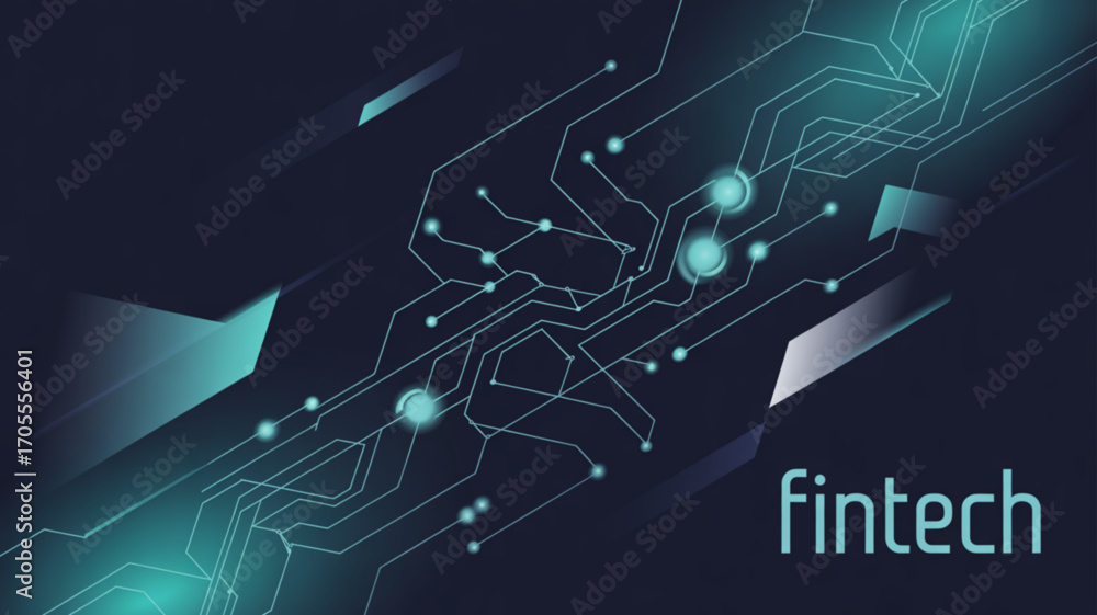 Poster a futuristic fintech background with glowing circuit board patterns and geometric shapes, creating a