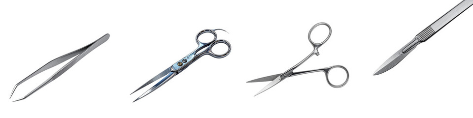 Surgical instruments tweezers scissors scalpel isolated on transparent background