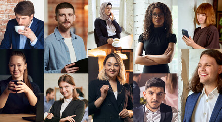 Collage of diverse professionals with neutral and confident expressions in business and casual styles. Concept of corporate flyers, HR campaigns, branding, publishing, education, emotional research.