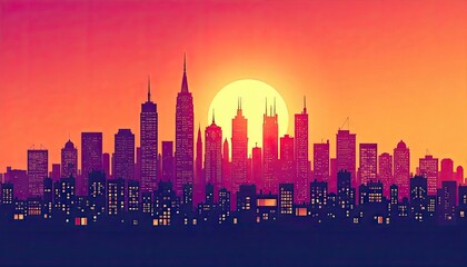 Vibrant cityscape at sunset with glowing skyscrapers and warm orange sky