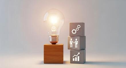 Illuminated lightbulb beside stacked cubes displaying business partnership and growth icons.