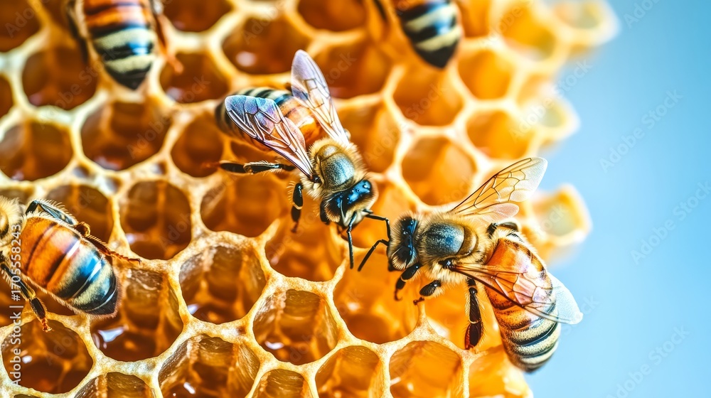 Poster close up view of working bees actively extracting nectar and producing honey in their hive